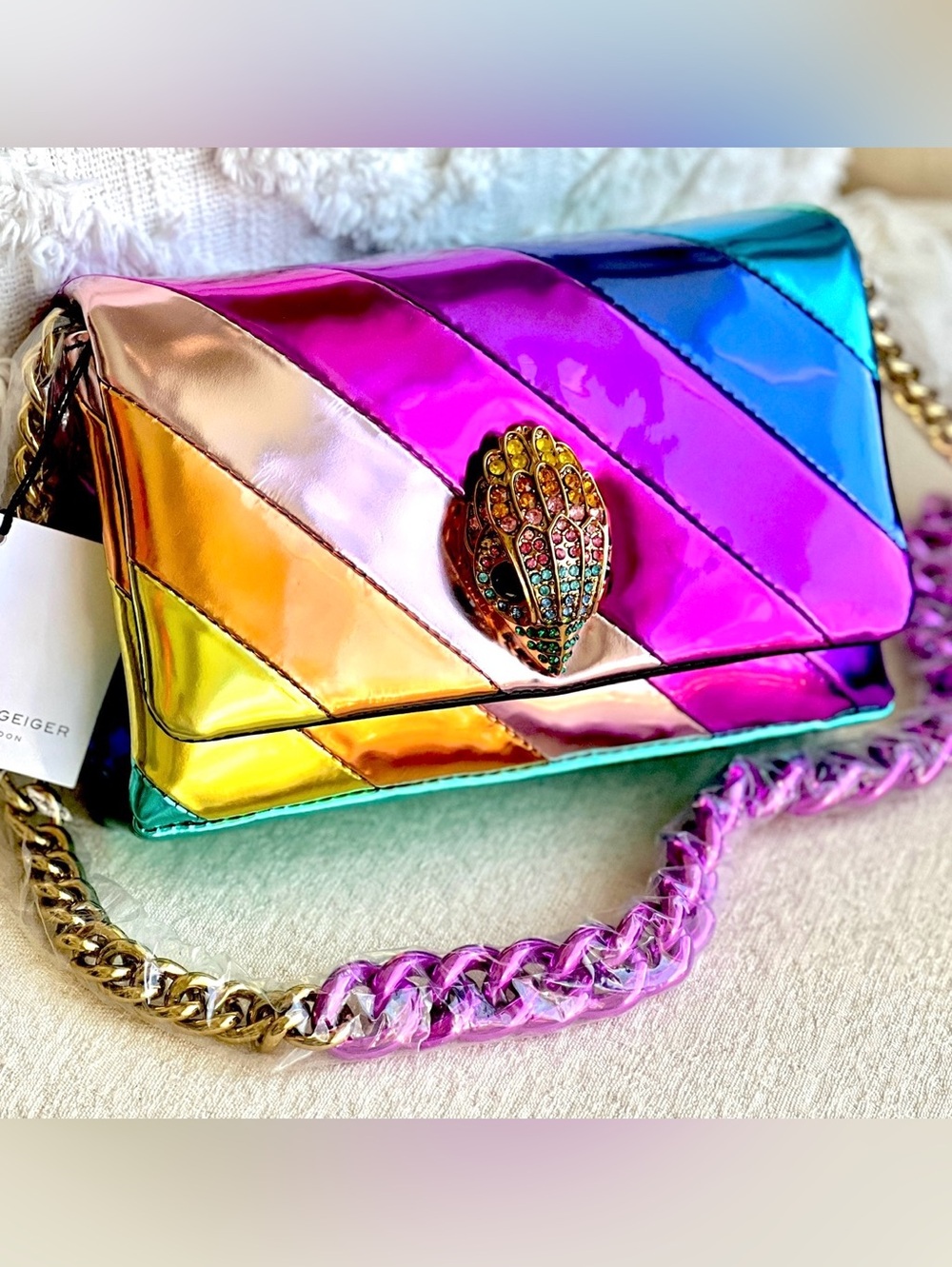 Kurt Geiger Kensington Rainbow Liquid Metallic Patent Clutch Crossbody chain NWT